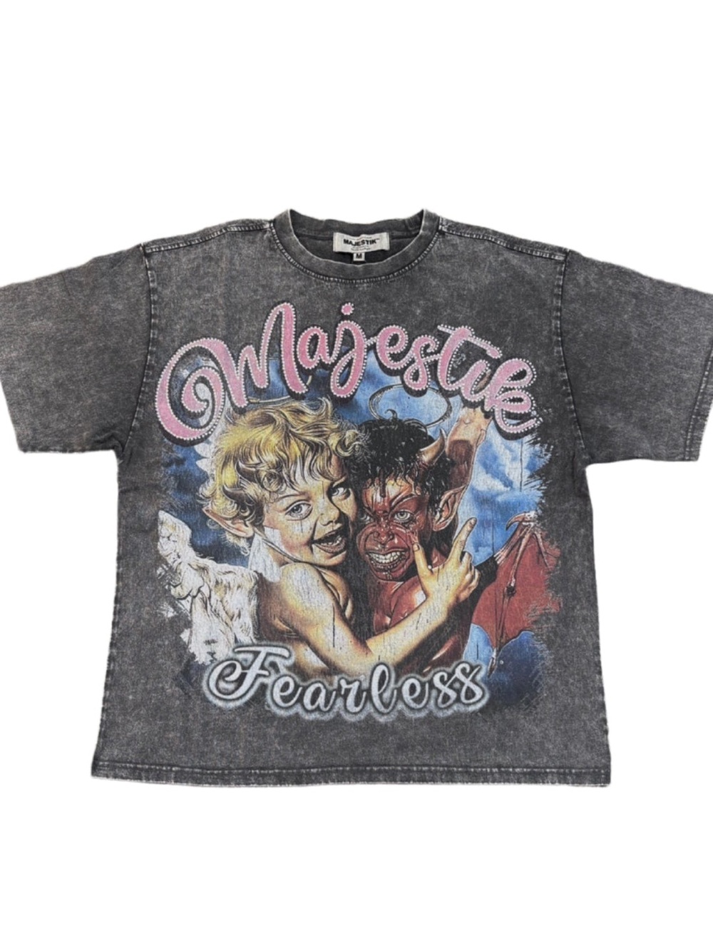 NWOT MAJESTIK Fearless We Are Friend Garment Dyed Print Crop Tee Gray Size XL